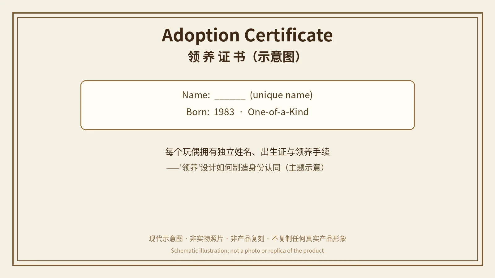 领养证书样式示意图：证书边框、姓名/出生日期占位行、说明文字